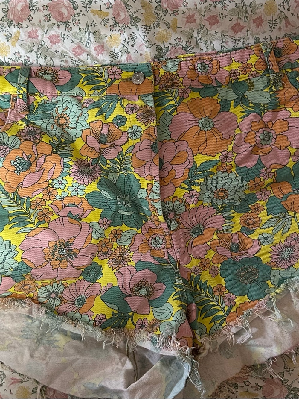 wild fable Yellow Floral Print Denim Shorts with Pink & Green Accents